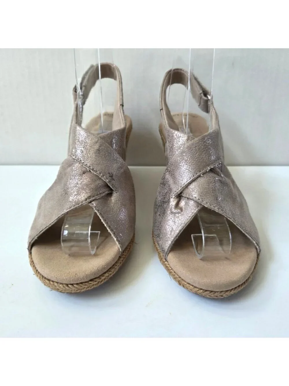 Clarks Shoes Womens 8 Metallic Pewter Lafley Alaine Jute Wedge Comfort Sandals